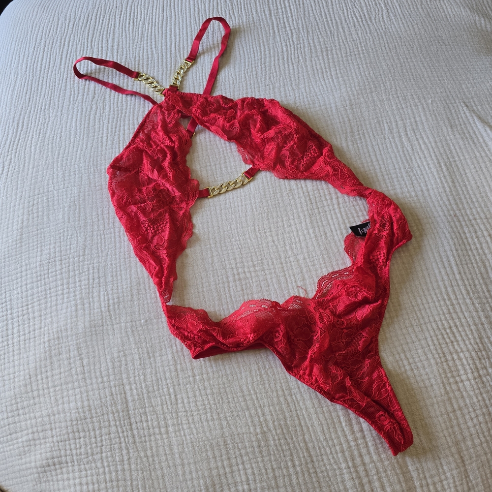 Victoria's Secret Red Lace Bodysuit with Gold Accents